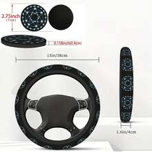 1pc Seven-Pointed Star Print Car Steering Wheel Cover + 2pcs Matching Print Car Cup Coasters, 3-Piece Set, Waterproof Steering Wheel Cover Without Inner Ring, Fits 14.5-15 Inch - Steering Wheel Set - View 2