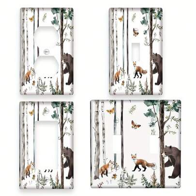 Wildlife Inspired Switch Plate Cover - Bear, Elk, Deer And Fox Pattern In The Forest | Home, Bedroom, Kitchen Decor Wall Plate