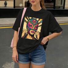 Camiseta Negra con Estampado de Máscara Luchadora para Mujer Casual Verano - Negro - Ver 3
