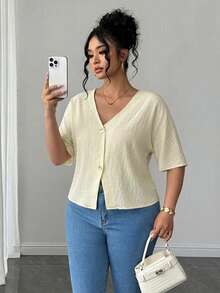 PARARAL Ropa Casual de Verano para Mujer Talla Grande - Top de Manga Corta con Tela Texturizada Estilo Vacaciones, Top de Verano para Mujer, Ropa de Vacaciones para Mujer, Top Casual para Mujer, Top de unicolor para Mujer - Albaricoque - Ver 4