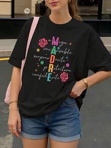 Camiseta Negra con Estampado de Flores y Palabras en Español para Mujer Casual - Negro - Ver 1