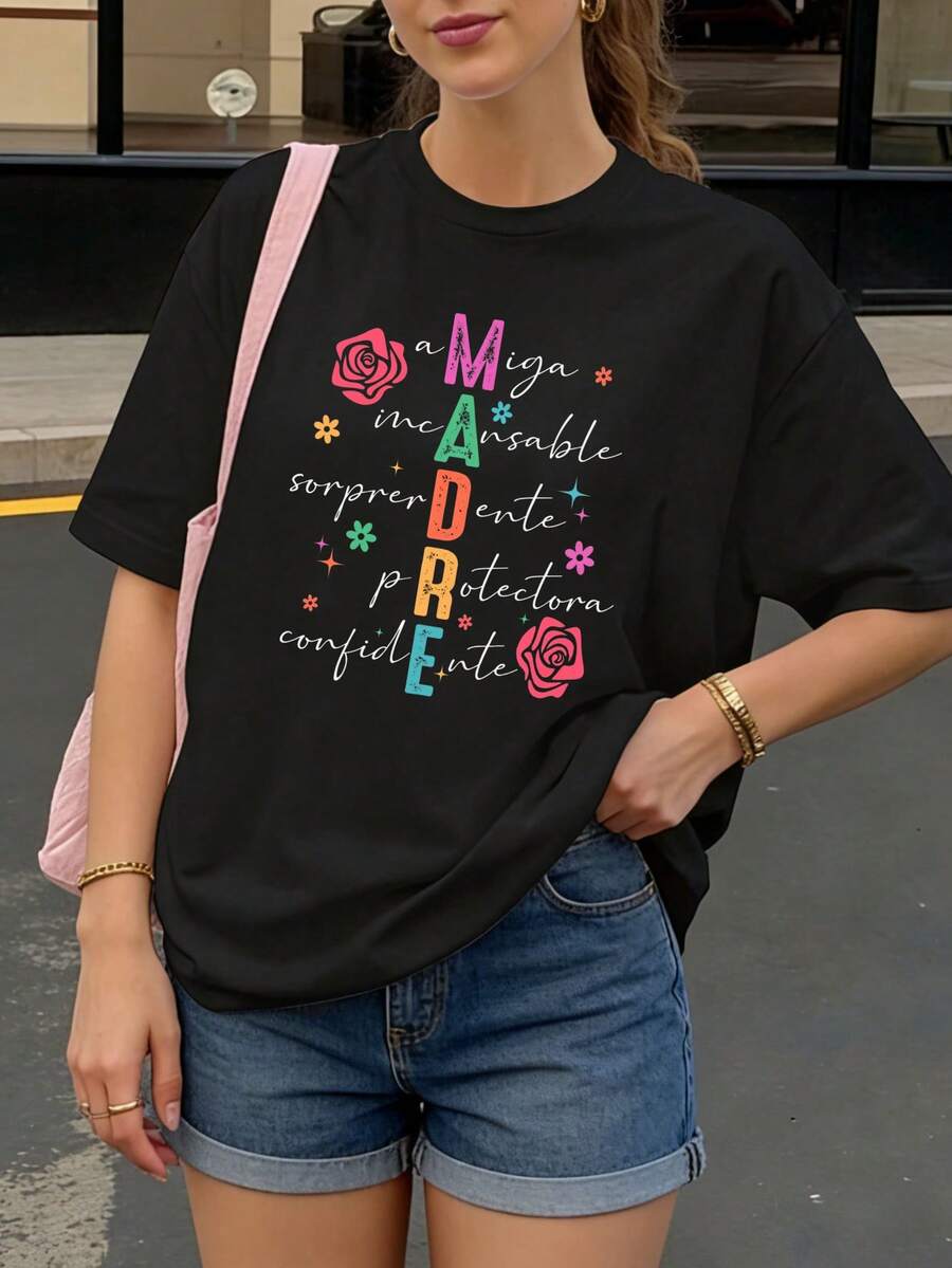 Camiseta Negra con Estampado de Flores y Palabras en Español para Mujer Casual - Negro - Ver 1
