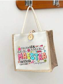 Multicolor Maestra Letter And Pencil Apple Pattern Print Tote Bag ,Reusable Tote - Multicolor - View 5