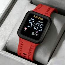 ZOEA Men's LED Touchscreen Watch, Waterproof Silicone Strap, Sporty And Casual Design - Red With Black Shell - View 6