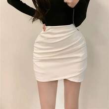 Minifalda plisada asimétrica negra para mujer, de cintura alta, ajustada, estilo línea A, moda primavera - BLANCO - Ver 6