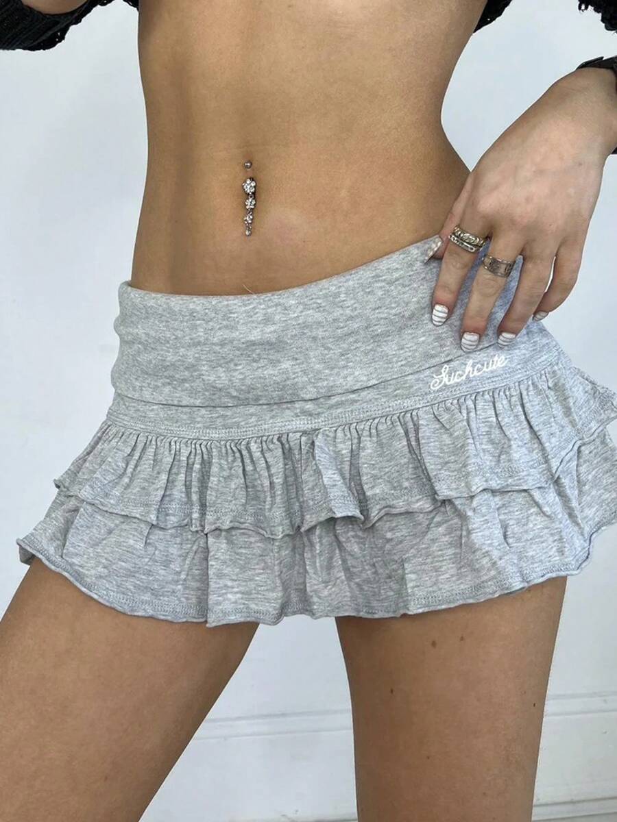 Minifaldas plisadas de estética Y2K para mujer, faldas Retro lisas de retales con volantes Kawaii de Fairycore, ropa Coqutte de los años 2000 - Gris - Ver 1