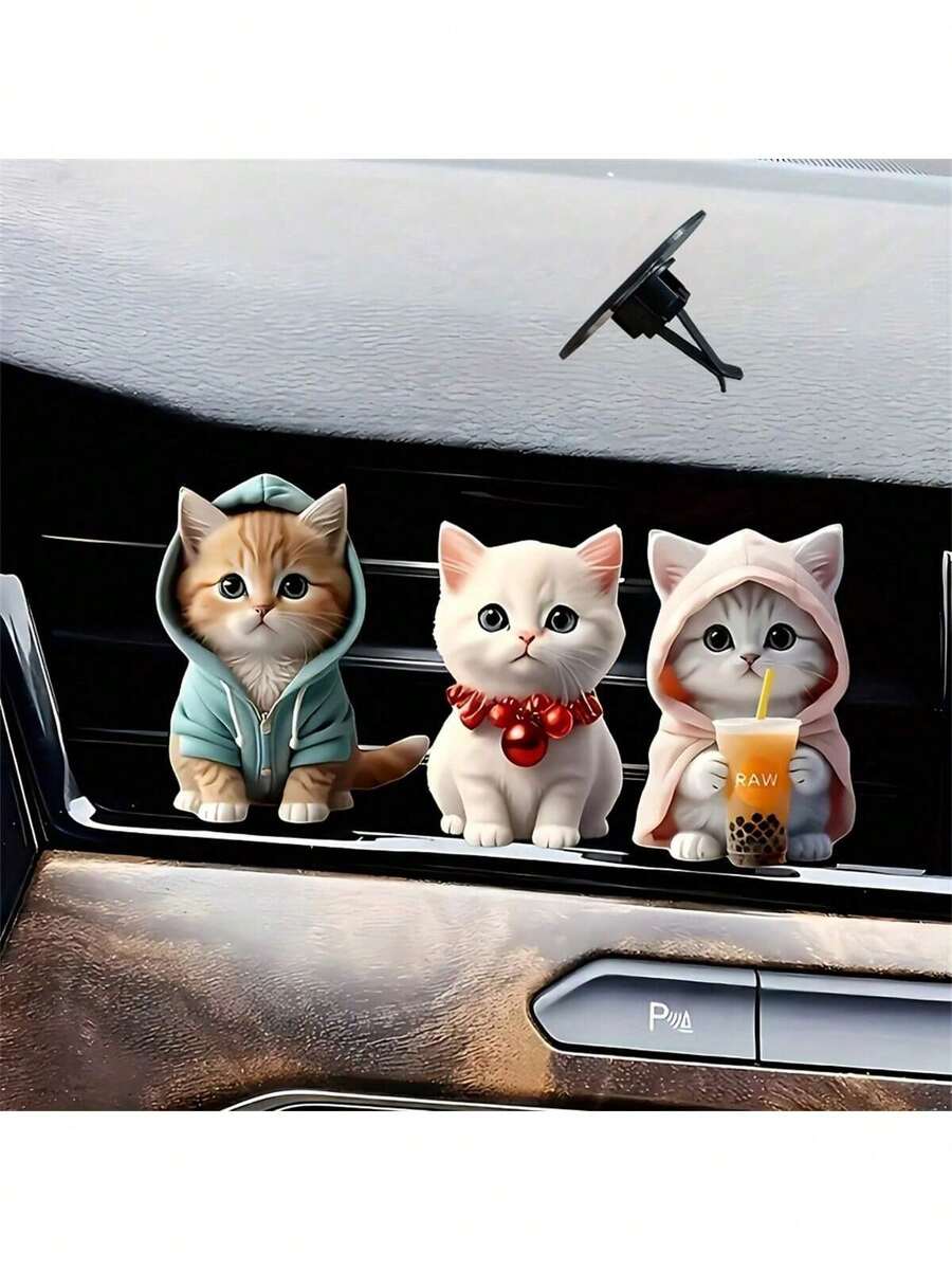 可爱猫咪车载空气清新夹 – 创意连帽猫、奶茶猫和铃铛猫造型，2D亚克力装饰，内置香氛片，除臭+随机香味，送给家人和朋友的完美车内礼物