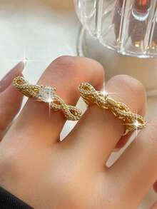 2pcs/1set Fashion Infinite Symbol 8 Elegant Style Rings Sets Glamorous Cubic Zirconia Gold Plated Women Copper Ring Suitable For Bride Engagement Wedding Music Festivals Party Jewelry Anniversary Gift - 8+8 - View 2