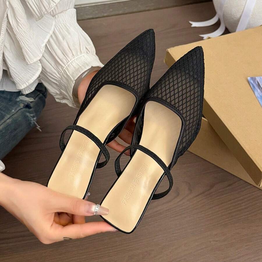 粉色小猫跟凉鞋，网眼露跟设计，高跟鞋 - 黑色 - 查看 1