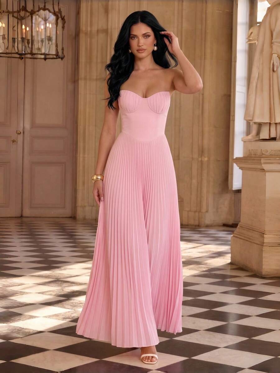 Romantic Sexy Women's Sleeveless Pleated Maxi Dress, Strapless Knit Ruched Gown - Pink - View 1