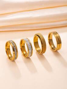 4pcs Classic Luxury Gold Stainless Steel Ring Set, Square/Round Diamond / Matte Rotating Design, Women Stackable Promise Rings, Suitable For Wedding Season & Anniversary - Gold - View 3