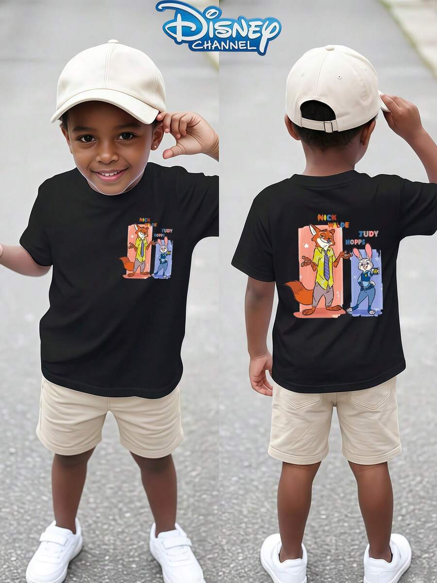 Disney 1pc Teen Boys Casual Zootopia Character Print Short Sleeve Tshirt Boys Clothes Kids Clothes Boys Boys Shirts Summer - 黑色 - 查看 1