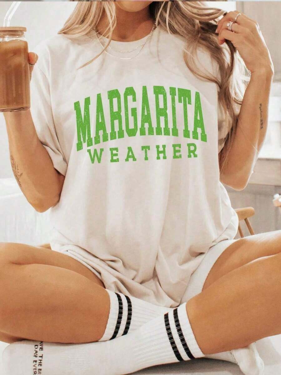 Camiseta de Algodón para Mujer - Estampado 'MARGARITA' en Negras, Corte Holgado, Manga Corta, Cuello Redondo, Transpirable, Ideal para Verano, Casual, Playa y Fiestas, Estilo de Playa Cómodo, Esencial para Uso Diario, Blusas para Mujer, Ropa de Vacaciones para Mujer - Blanco - Ver 1