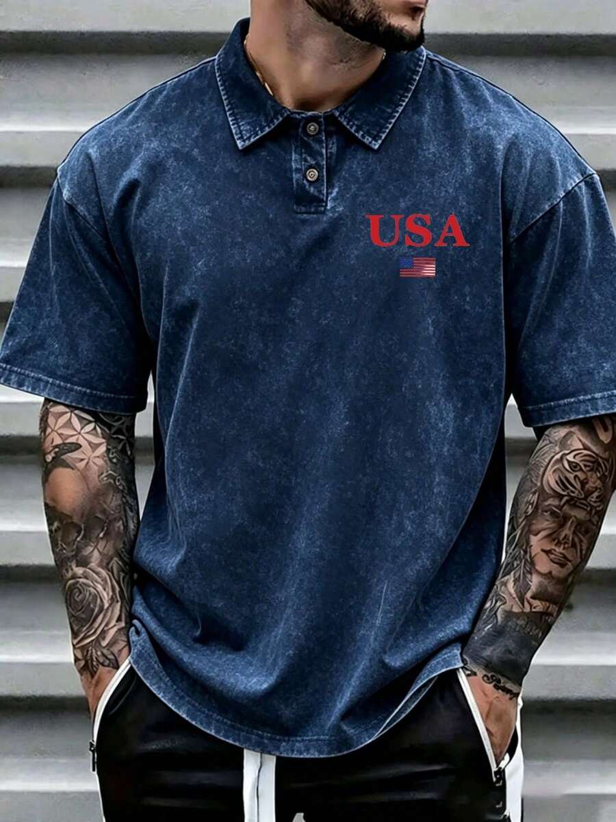 100% Pure Cotton Washed Vintage Men's Short Sleeved Collar With USA Text And American Flag Print Design, Washed Cotton Casual Sports Polo Shirt, Casual Business Outfit, Suitable For Summer Sports And Leisure Outings - Màu xanh hải quân - Xem 1