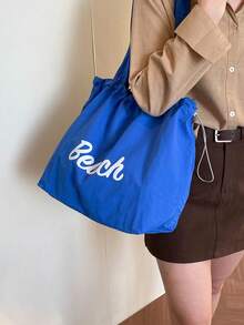 2026 New Style Drawstring Bag, Large Capacity One Shoulder Canvas Bag, Japanese Letter Print, Nylon Material, Handbag, Tote, Suitable For Commuting - Blue - View 5