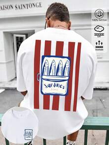 Men's Summer Vacation Suit, Sardines Print, 100% Soft And Breathable Cotton, Loose Style, Minimalist Style, Casual Style, Holiday Style, Country Style, Fun Vertical Stripe Print, Suitable For Casual Holiday Gifts, Father's Day Gifts, Men's Summer Outfit. - White - View 6