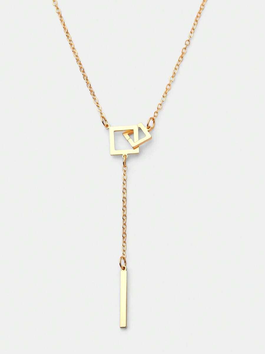 1件不锈钢极简方形几何吊坠项链，引人注目的饰品 - 金色 - 查看 1