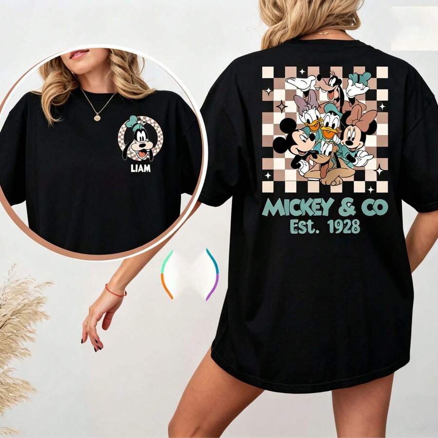 Loose Oversize   Custom Disney Mickey & Co 1928 Checkered Shirt, Disney Family Trip Gift, Disney Matching Shirt, Disneyland Vacation T-Shirt - 黑色 - 查看 1
