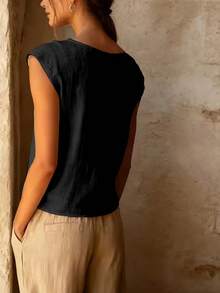 Women's Elegant Pleated Bust Design Blouse, Round Neck Shirt, Solid Color Versatile, Suitable For All Seasons, Machine Washable, Suitable For Casual Or Formal Occasions Black Summer - Black - View 3