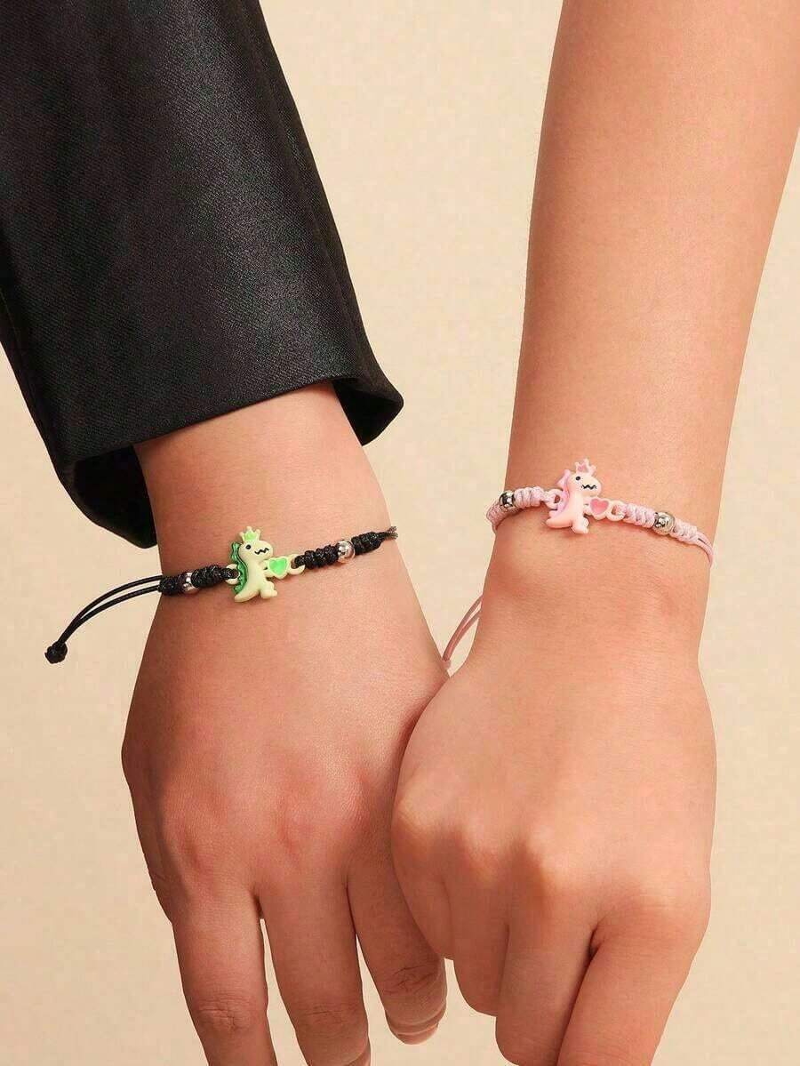 ATLVXJL 2pcs/Set Glow-In--Dark Friendship/Couple Bracelets With Heart, Crown, Dinosaur Bead Decor, Suitable Daily Wear And Holiday - Multicolor - View 1