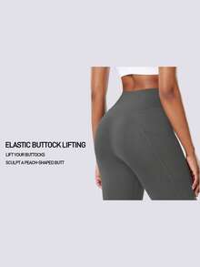 Seitentaschen Einfarbige Kreuz-Taille Damen Sport Shorts, Hohe Taille Lifting Yoga Shorts für Fitness, Pilates, Outdoor Laufen, Radfahren, Lässig Zuhause - Grau - Übersicht 7