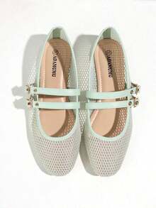 New Women Flat Ballet Mesh Shoes, Black And Beige, Round Toe, Solid Color Breathable Casual Flat Shoes, Fashionable And Comfortable - 綠色 - 查看 4