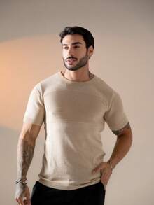 Men's Textured Short-Sleeved Knit T-Shirt With Crew Neck, Summer Chic Premium Style. - 米色 - 查看 7