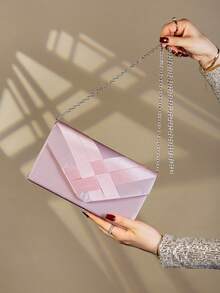 Tas Clutch Malam Bergaya dengan Hiasan Satin, Tas Bahu Model Amplop - Berwarna merah muda - View 4