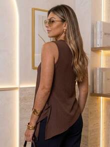 Women's Asymmetrical Blouse In Duna Fabric With Gold Buckle Detail And Side Slit - Café integral - Ver 2