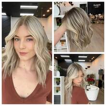 Peluca corta con ondas de bob, con degradado marrón y reflejos dorados para mujeres, sin pegamento, con línea del cabello previamente desbastada, de fibra resistente al calor de alta calidad, adecuada para cosplay, uso diario y fiestas - Multicolor - Ver 20