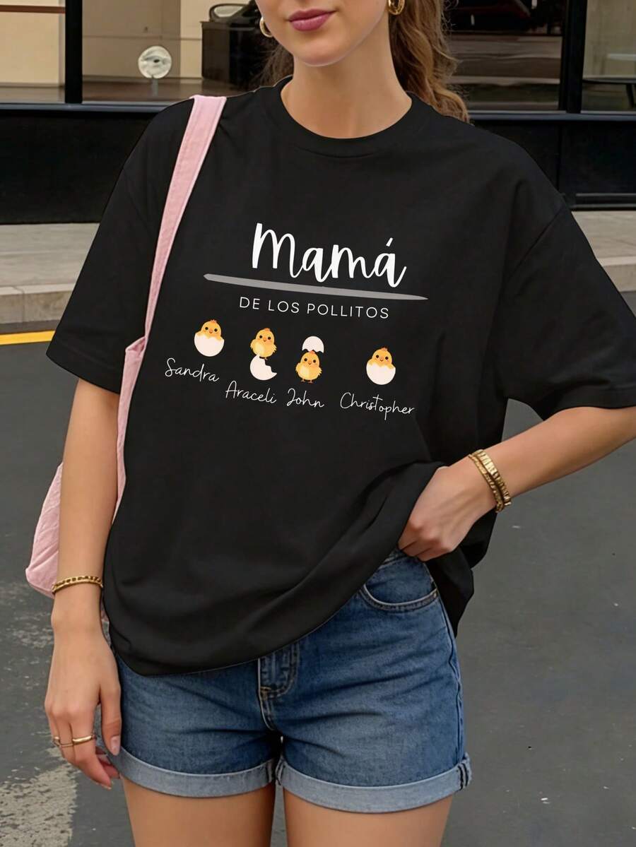 Camiseta Negra Mama de los Pollitos con Nombres y Pollos para Madres en Familia - Negro - Ver 1