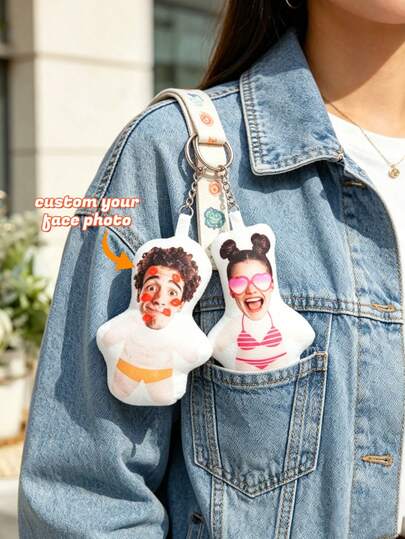 1 pieza Llavero con cojín personalizable con foto, llavero con cojín personalizado con foto, llavero con cojín en forma de cara mini, se puede personalizar con foto de novio/novia, artículo decorativo suave y esponjoso, regalo de aniversario de pareja, boda, cumpleaños, Navidad, accesorio para llave de coche o bolso