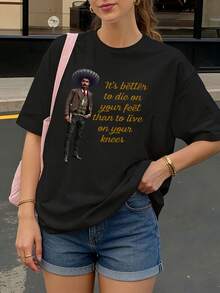 Camiseta negra con estampado de Emiliano Zapata y frase inspiradora para uso casual - Negro - Ver 1