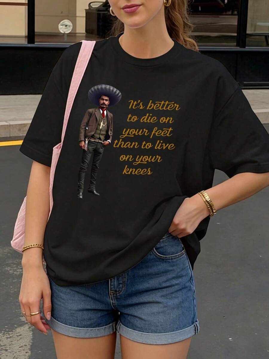 Camiseta negra con estampado de Emiliano Zapata y frase inspiradora para uso casual - Negro - Ver 1