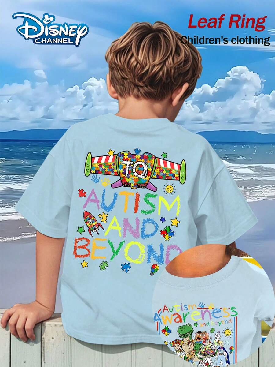 Toy Story Autism Awareness And Beyond Toy Summer Tops,Disney Print Graphic Tee, Perfect For Cool Boys. Teen Boy Gift,Comfortable And Breathable Children's Short-Sleeved T-Shirt. 180g Pure Cotton Children's Clothes,Suitable For Both Boys And Girls.Suitable For Daily Wear, Vacations, Outdoor Activities, And As A Children's Gift. - Màu xanh nhạt - Xem 1