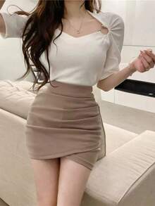 Minifalda plisada asimétrica negra para mujer, de cintura alta, ajustada, estilo línea A, moda primavera - BLANCO - Ver 3