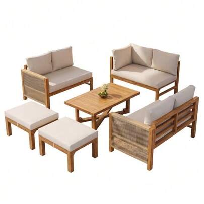 Modular Garden Furniture Set Made Of Acacia Wood, Corner Sofa For 6 People With Cushions, 2 Stools And Acacia Wood Table, Breathable And Splash Resistant, For Terrace And Garden.