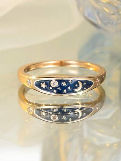 Vanel 1pc Fashionable Minimalist Gold Ring With Shining Blue Sky & Star Moon Pattern, Suitable For Daily Wear