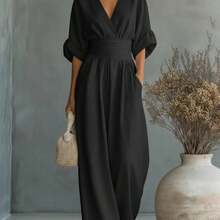2026 New Women's Linen-Blend Jumpsuit, Deep V-Neck Half-Sleeve Belt Wide-Leg Pants, Elegant Casual Jumpsuit With Pockets, Suitable For Daily Wear In Summer Vacation - 黑色 - 查看 1