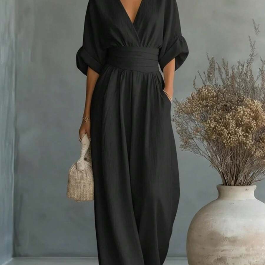 2026 New Women's Linen-Blend Jumpsuit, Deep V-Neck Half-Sleeve Belt Wide-Leg Pants, Elegant Casual Jumpsuit With Pockets, Suitable For Daily Wear In Summer Vacation - 黑色 - 查看 1
