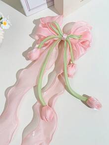 1件女款甜美仙氣大蝴蝶結髮夾，優雅百搭芭蕾風鈴蘭網紗蝴蝶結鱷魚夾髮飾 - 彩色 - 查看 3