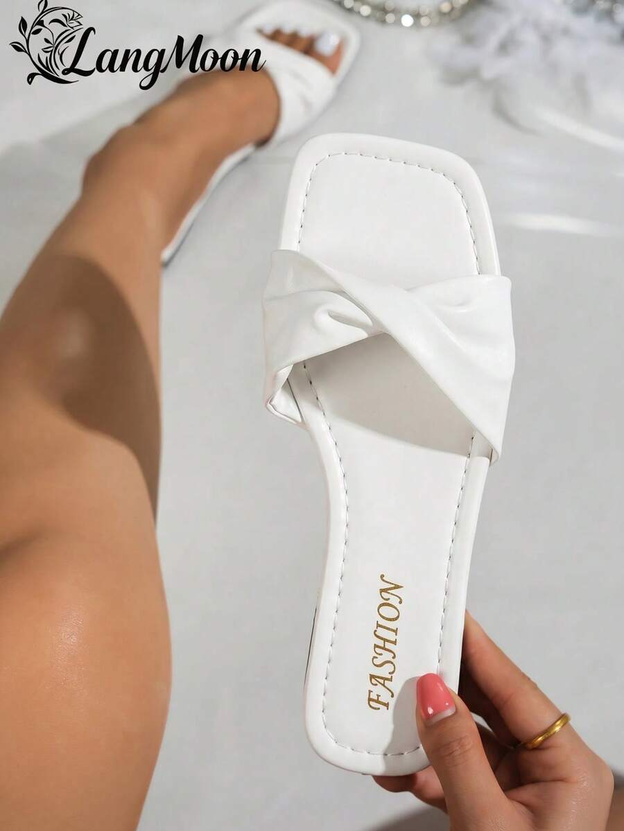 LangMoon 2026 White Elegant Twist Knot Square Toe Slides, Soft Leather Twist Design, Soft And Flat Non-Slip Durable Comfortable, Minimalist Versatile For Commuting, Shopping, Vacation, Spring/Summer Chic Footwear