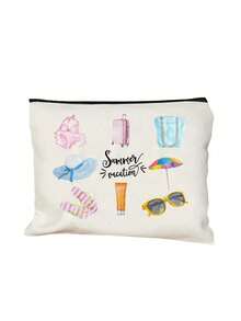 Borsa cosmetica da viaggio estiva in acquerello, pochette in tela con zip e stampe da spiaggia, organizer per il trucco da viaggio carino con bikini e occhiali alla moda - Multicolore - Visualizzare 15