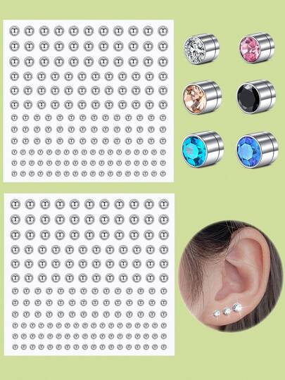 8pcs/Set Fake Stud Earrings Fake Nose Studs Shiny Multi Cubic Zirconia Inlaid Stud Non Piercing Jewelry Clip On Earrings Nose Rings For Women Men Fashion Accessories,Concert Look,Face Gems