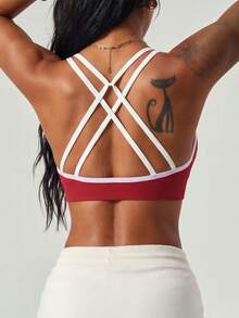 Crisscross Back Sports Bra, Contrast Trim Seamless Workout Top - Red - View 3