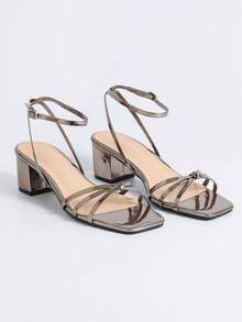 Women's Square Toe Sandals, Chunky Heel Open Toe One-Strap Fashion Minimalist Versatile Elegant High Heel Shoes For Vacation - Grey - View 6