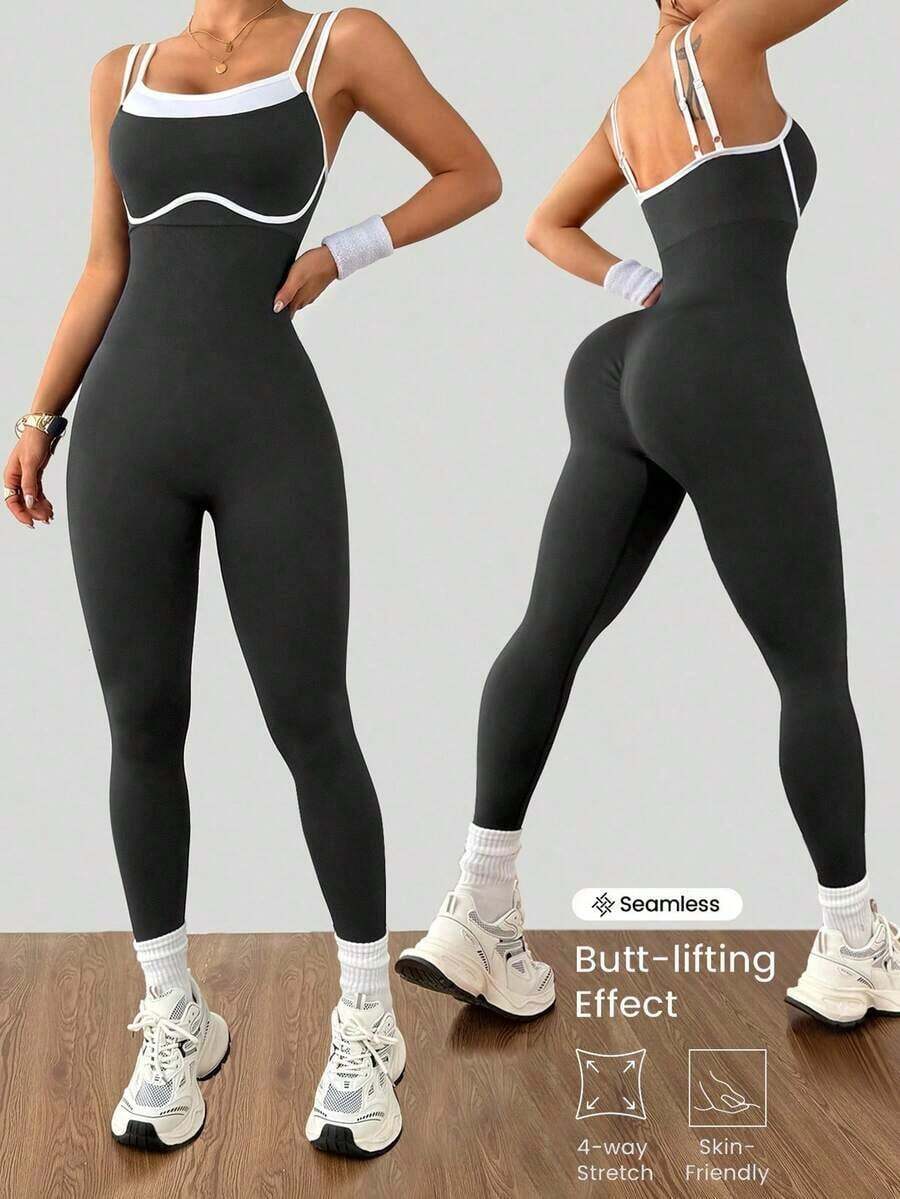 Dewbera Mono deportivo de yoga, fitness y running de alta elasticidad y sin costuras - Gris Oscuro - Ver 1