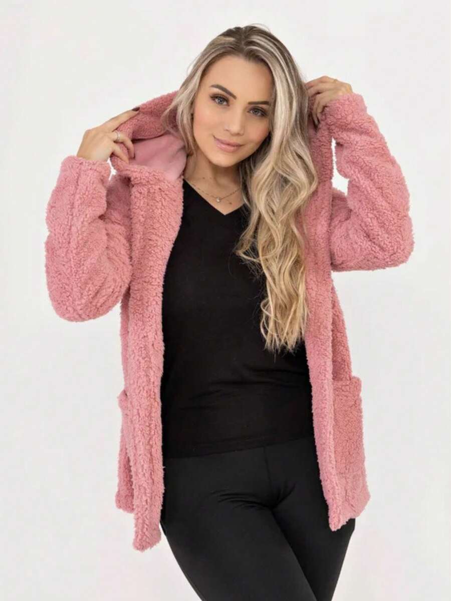 Women's Teddy Coat With Hood And Pocket For Winter - Super Fashionable!! - Baby Pink - View 1