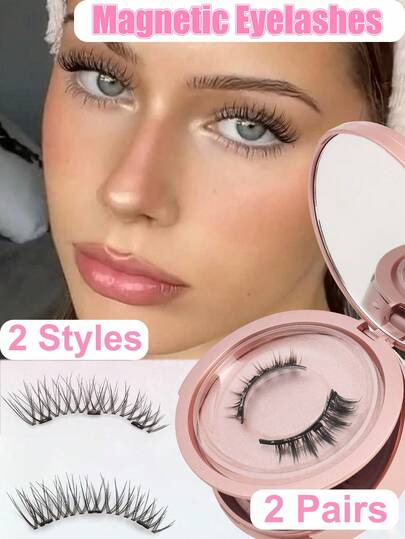 2 pares de set de pestañas magnéticas de 2 estilos, alargamiento y rizado natural, pestañas de dibujos animados/ojos de gato, sujetas magnéticamente, 3-11mm/4-14mm, magnético invisible mejorado, cómodo de usar, aspecto natural, reutilizable, elegante, fácil de aplicar y quitar, maquillaje biracial europeo y asiático que resalta, riza y agranda los ojos, adecuado para principiantes y profesionales, ideal para vacaciones, viajes de verano, playa, campamento, etc.