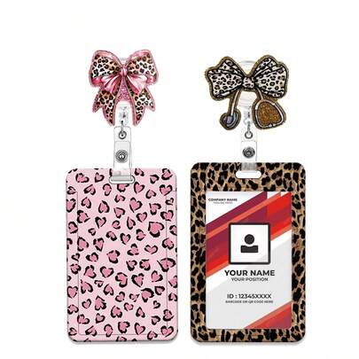 1pc (Badge Clip + Card Holder) Fashionable Leopard Print ID Badge Reel, Retractable Badge Reel With Shiny Badge Holder, Rotating Clip, Suitable For Nurses, Doctors, Teachers, Office Workers, Men And Women